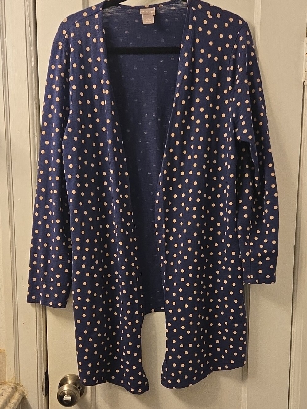 Chico's Navy & White Polka Dot Open-Front Cardigan